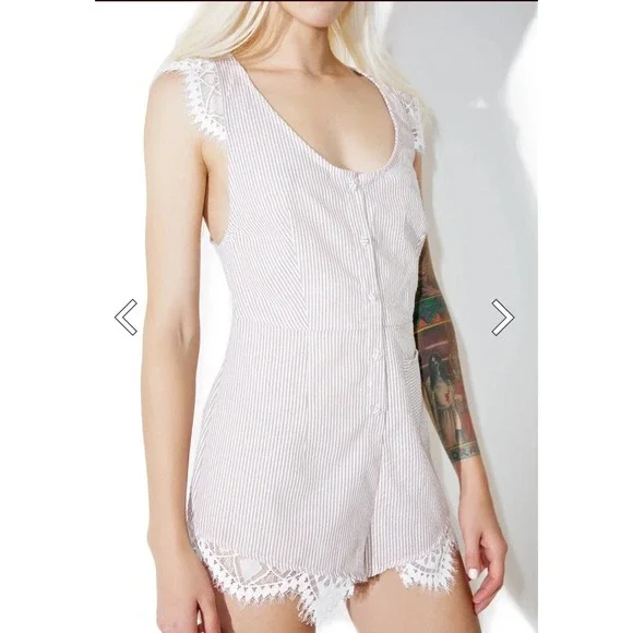 For Love & Lemons Emmy Sleep Romper Brown Seersucker and Lace Size Small - Picture 4 of 16